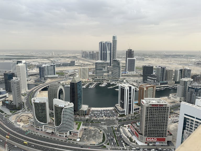 Aerial view of the iconic Dubai Marina skyline with modern skyscrapers and waterfront.